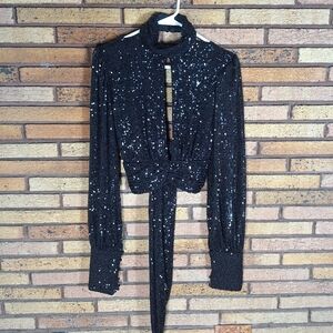 Banjul Medium Black Sequin Deep Cut Open Back Top